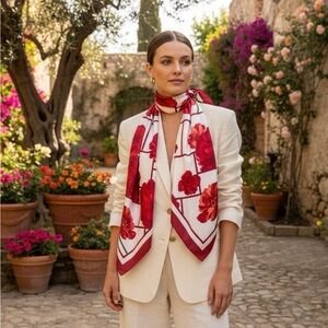 Rare Vintage Oscar de la Renta Silk Scarf Red Floral Grid Bold Statement 34'' Sq